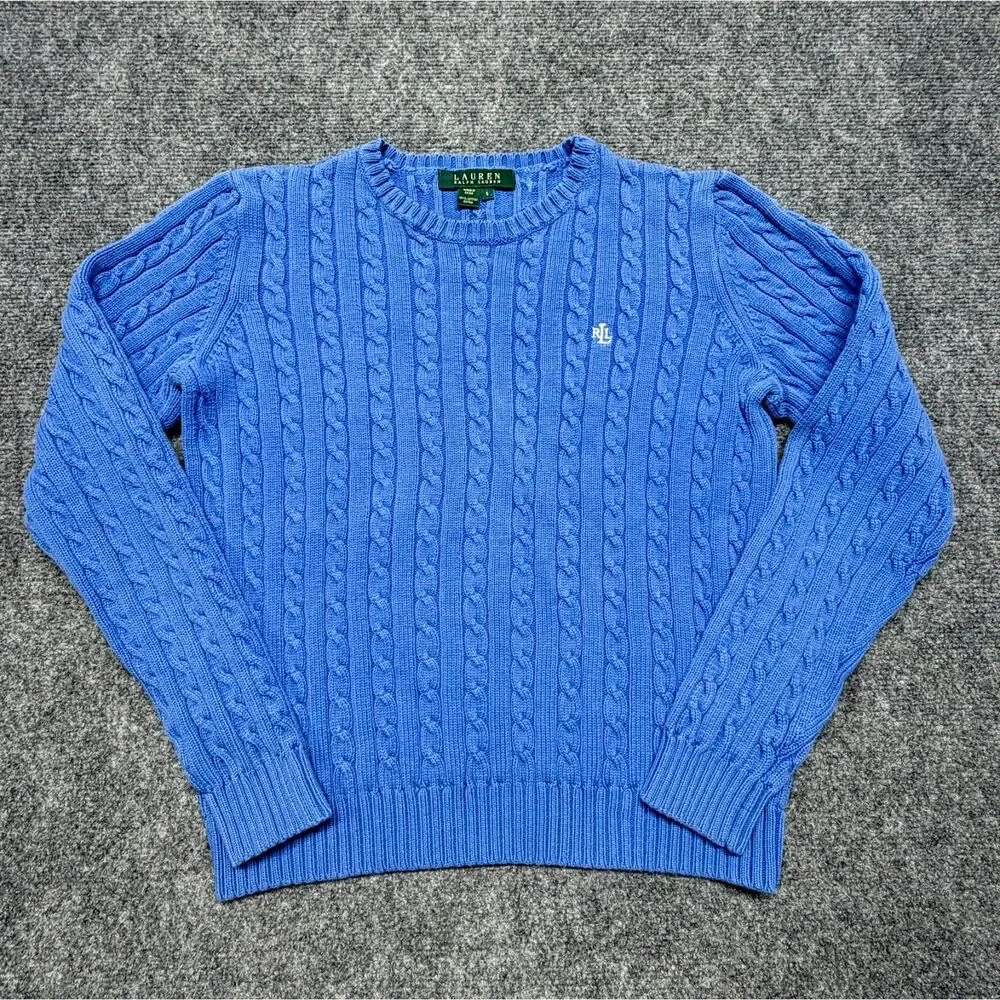 Lauren Ralph Lauren Womens S Blue 100% Cotton Cable Knit Crewneck Sweater LRL